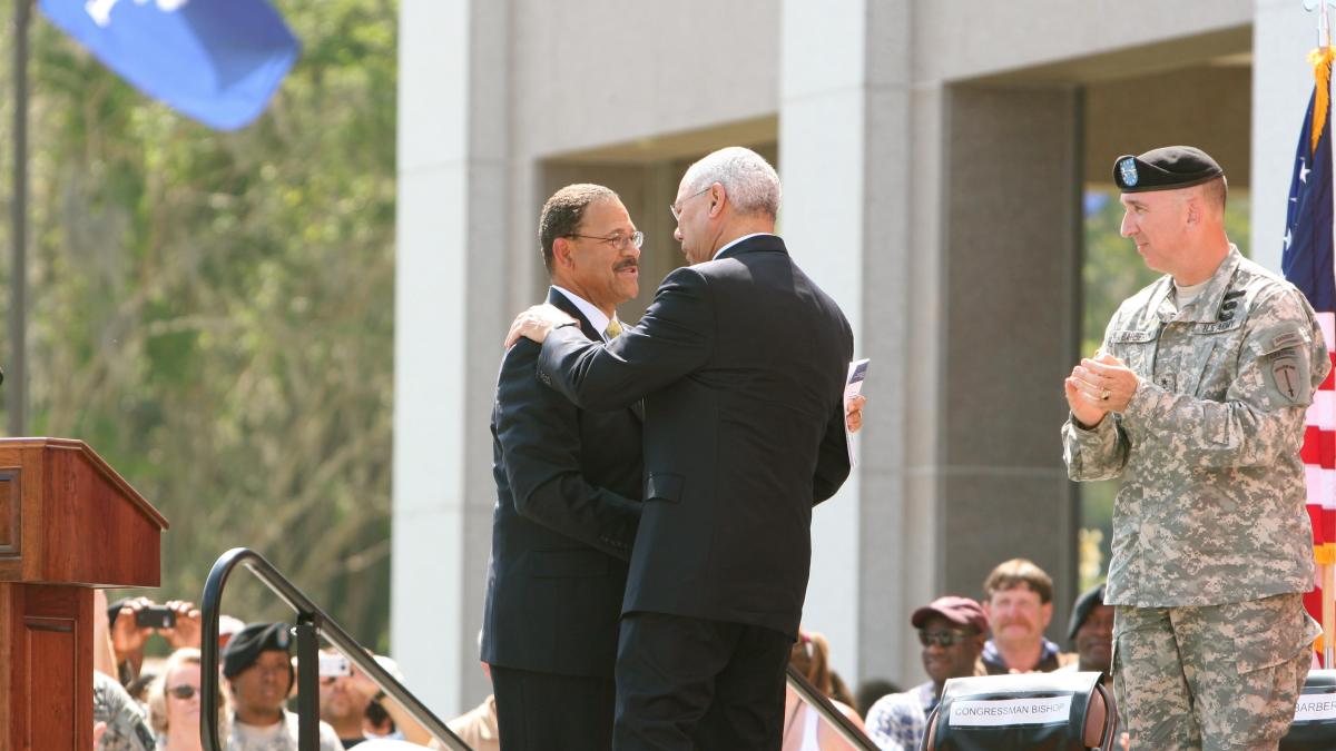Congressman Sanford D. Bishop, Jr. and former Secretary of State Colin Powell at the 2009 Opening of the National Infantry Museum and Soldier Center in Columbus, Georgia