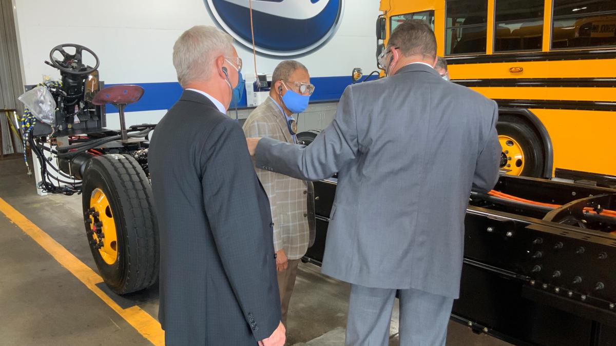 Congressman Sanford Bishop GA02 visits the Blue Bird Corporation factory in July 2021 where they produce electric school buses.