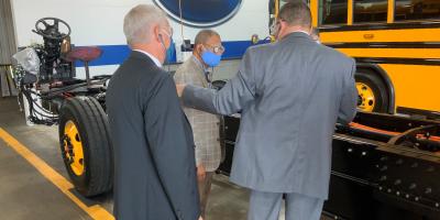 Congressman Sanford Bishop GA02 visits the Blue Bird Corporation factory in July 2021 where they produce electric school buses.