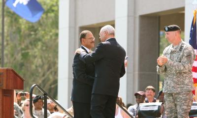 Congressman Sanford D. Bishop, Jr. and former Secretary of State Colin Powell at the 2009 Opening of the National Infantry Museum and Soldier Center in Columbus, Georgia