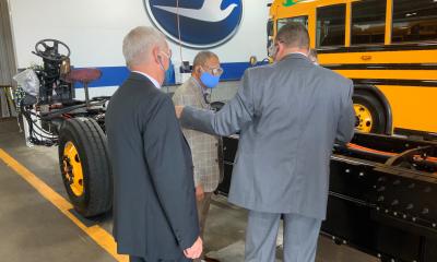 Congressman Sanford Bishop GA02 visits the Blue Bird Corporation factory in July 2021 where they produce electric school buses.