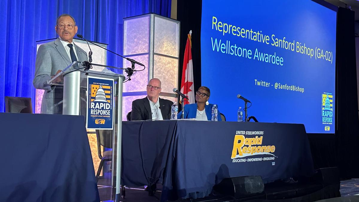 Congressman Bishop accepts the 2023 Paul Wellstone Award from the United Steelworkers
