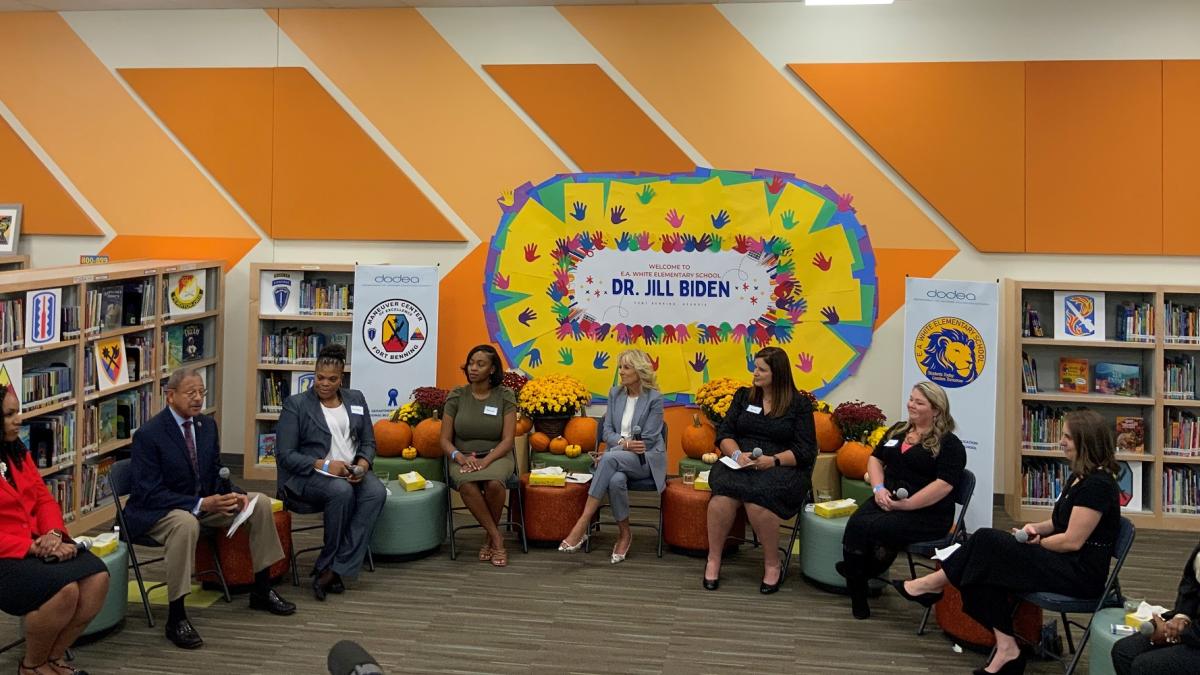 Congressman Sanford Bishop and First Lady Dr. Jill Biden discuss services and programs for military families in Columbus, Georgia